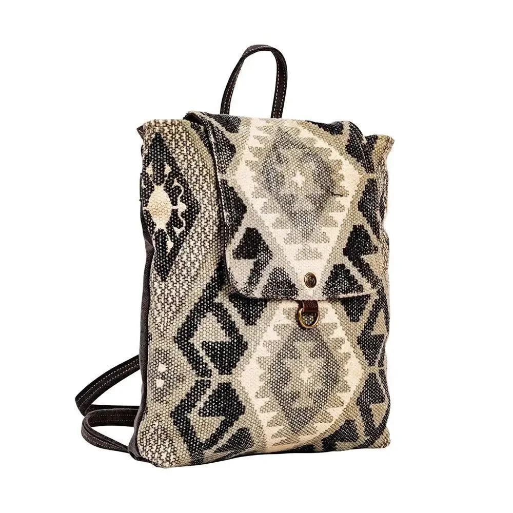 Myra Bag Handmade Arrowhead Backpack Upcycled Canvas & Cowhide Leather